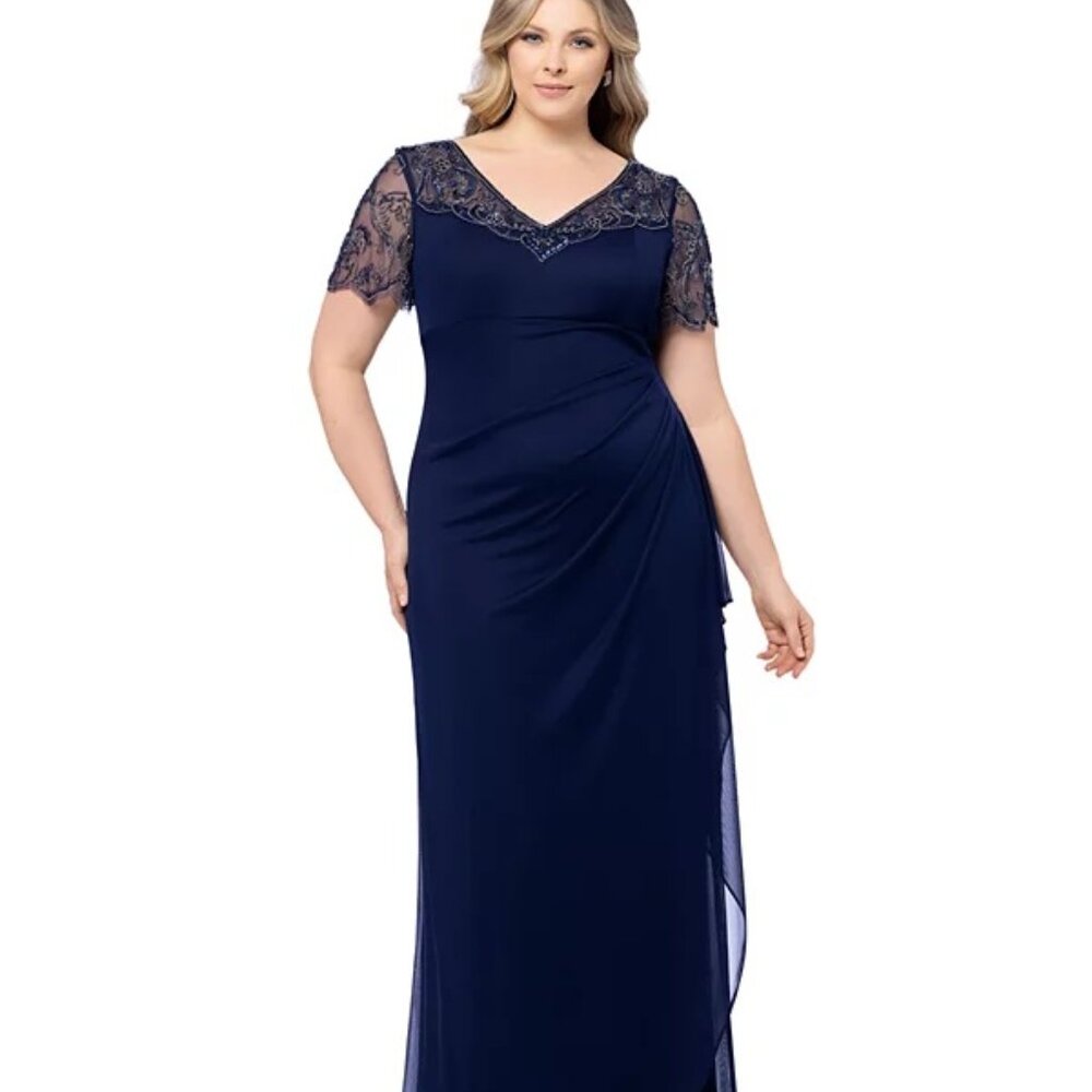 XSCAPE Beaded Illusion-Sleeve V-Neck Gown Navy Plus Size 16W